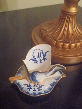 Elegant Blue & Gold Porcelain Ring Dish with Monogram